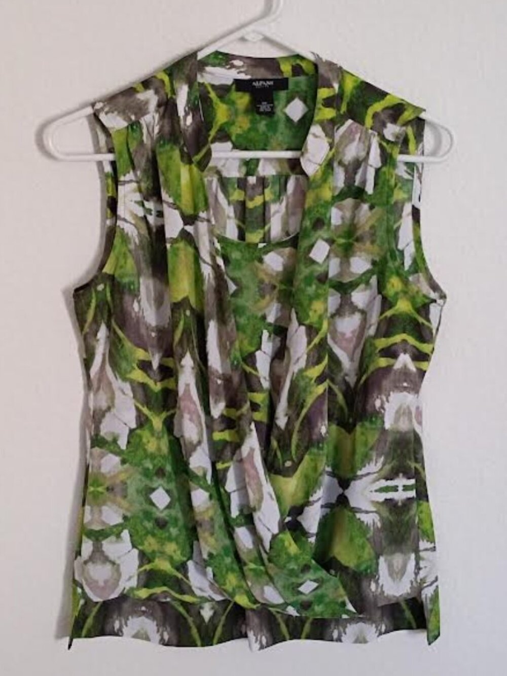 ALFANI PETITE WOMEN'S TOP GREEN BROWN SLEEVELESS FAUX WRAP DRAPE SIZE 8P